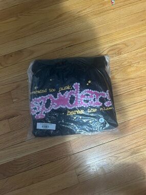 Sp5der Black Hoodie with Pink Dot Logo and Yellow Stars